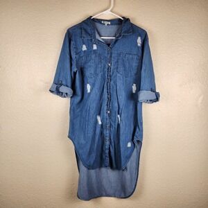 Noble U Denim Shirt Dress Size Medium Blue Distressed High Low Hem Lagenlook